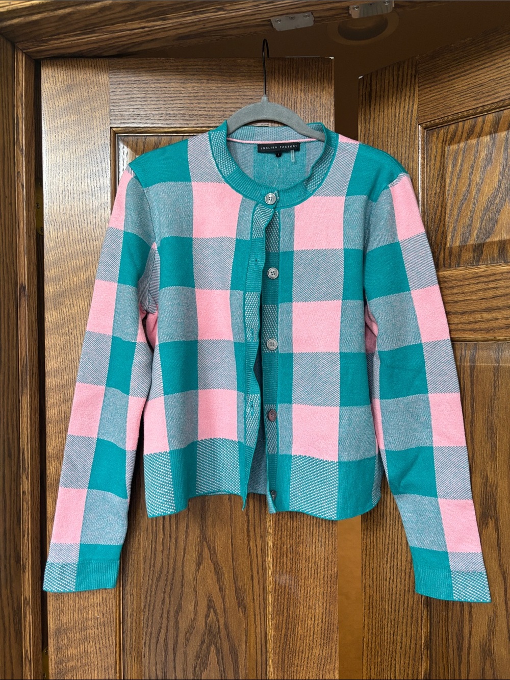 NWT L Women’s English Factory Plaid Button-Front Cardigan - Teal & Pink